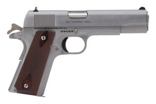 Colt .45 Series 70 Government handgun with National Match barrel, nickel finish, and Rosewood grips